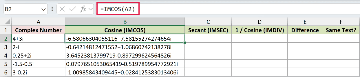 =IMCOS(A2) in B2