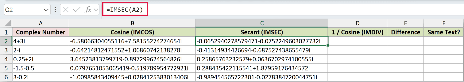=IMSEC(A2) in C2