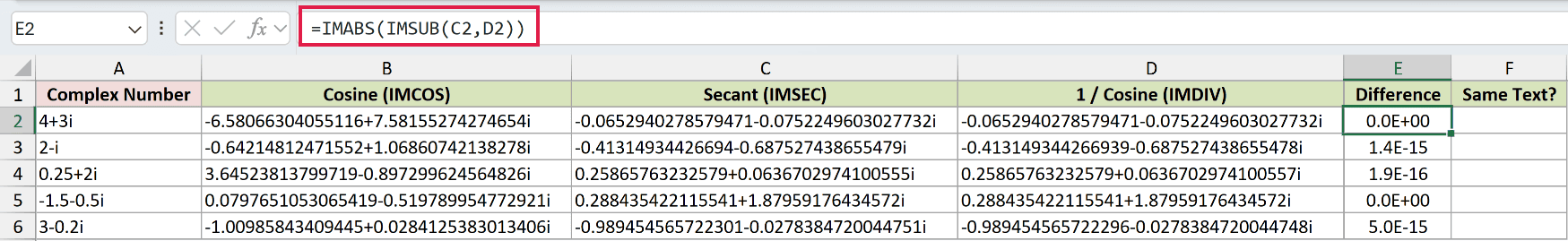 =IMABS(IMSUB(C2,D2)) in E2