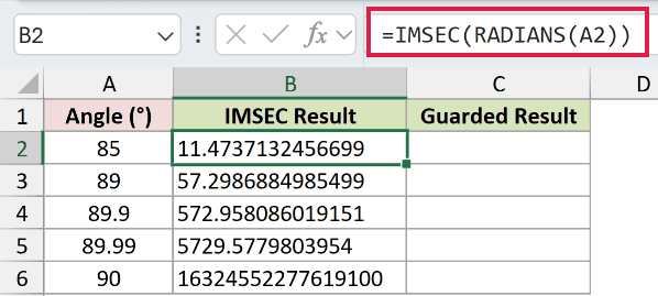 =IMSEC(RADIANS(A2)) in B2