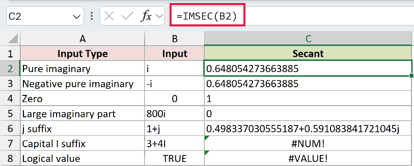 =IMSEC(B2) in C2
