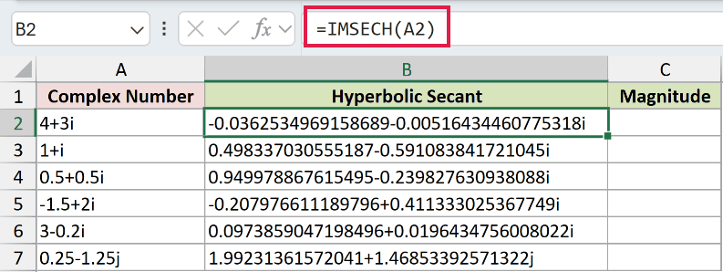 =IMSECH(A2) in B2