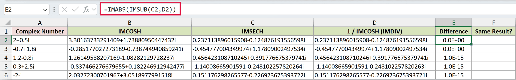 =IMABS(IMSUB(C2,D2)) in E2