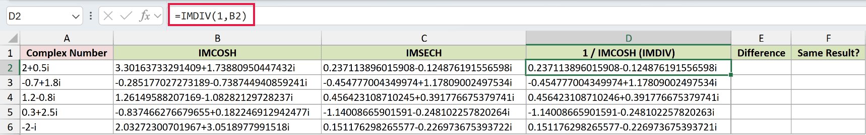 =IMDIV(1,B2) in D2