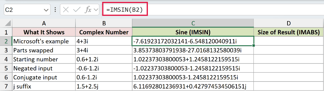=IMSIN(B2) in C2
