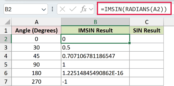 =IMSIN(RADIANS(A2)) in B2