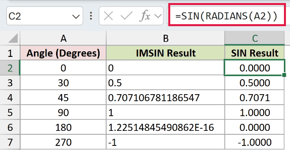=SIN(RADIANS(A2)) in C2