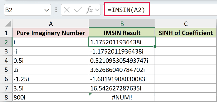 =IMSIN(A2) in B2