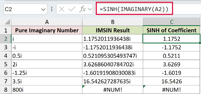 =SINH(IMAGINARY(A2)) in C2