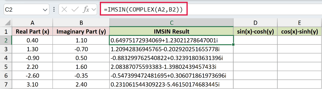 =IMSIN(COMPLEX(A2,B2)) in C2
