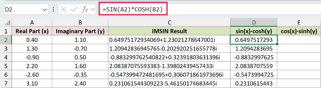 =SIN(A2)*COSH(B2) in D2