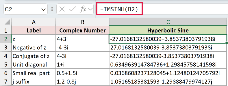 =IMSINH(B2) in C2