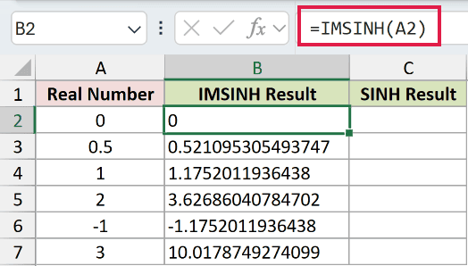 =IMSINH(A2) in B2