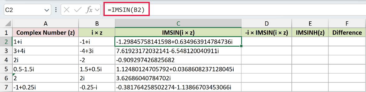 =IMSIN(B2) in C2