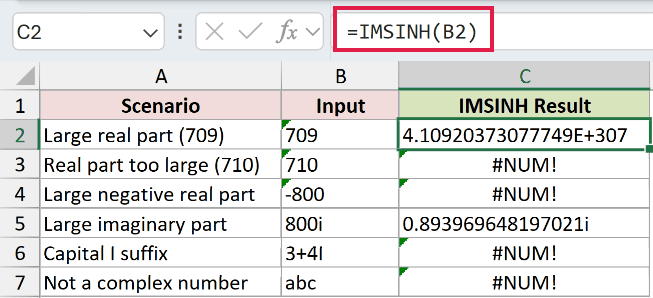 =IMSINH(B2) in C2