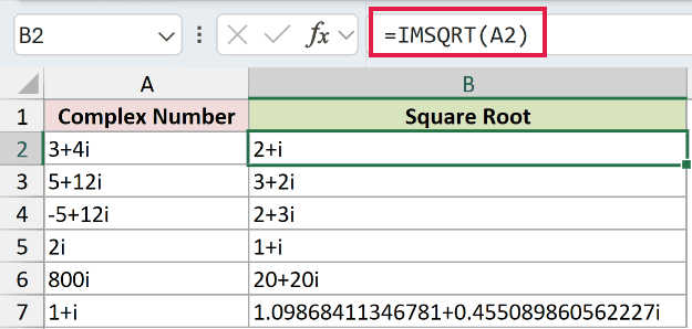=IMSQRT(A2) in B2