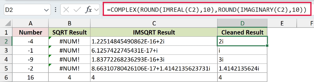 =COMPLEX(ROUND(IMREAL(C2),10),ROUND(IMAGINARY(C2),10)) in D2