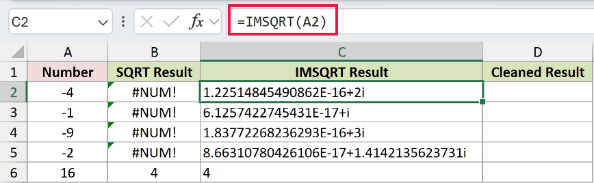 =IMSQRT(A2) in C2