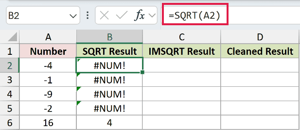 =SQRT(A2) in B2