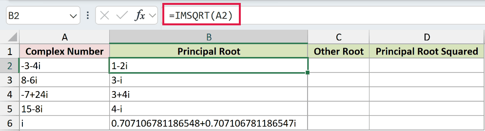 =IMSQRT(A2) in B2