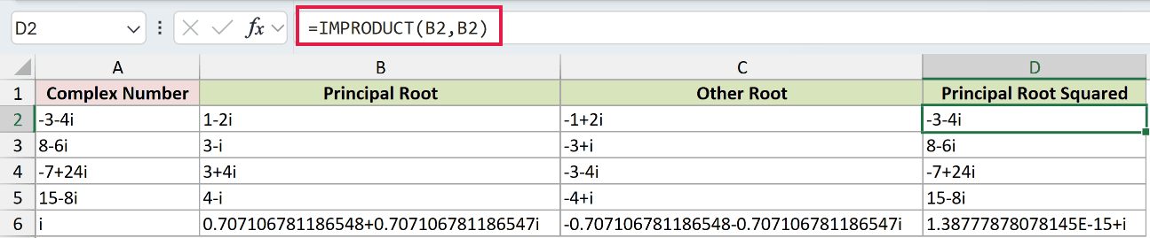 =IMPRODUCT(B2,B2) in D2