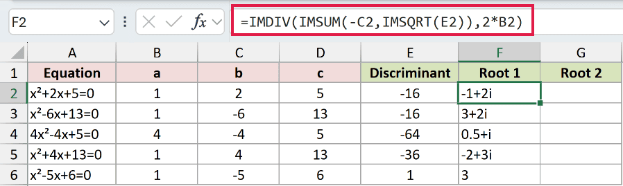 =IMDIV(IMSUM(-C2,IMSQRT(E2)),2*B2) in F2