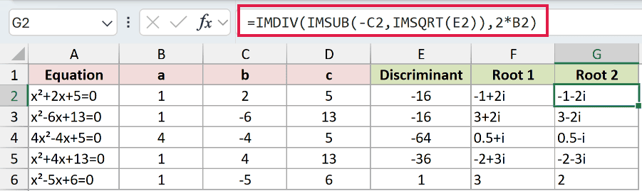=IMDIV(IMSUB(-C2,IMSQRT(E2)),2*B2) in G2