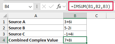 Add Individual Complex Numbers: formula in B4 and its calculated results in Excel.