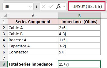 Total Series Component Impedance: formula in B8 and its calculated results in Excel.