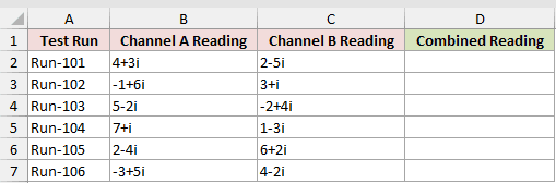 Combine Paired Readings by Row: input data and result placeholders in Excel.