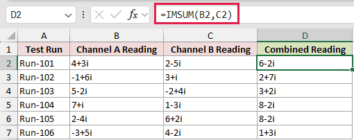 Combine Paired Readings by Row: formula in D2 and its calculated results in Excel.