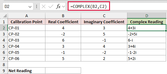 Build Values with COMPLEX, Then Total: formula in D2 and its calculated results in Excel.