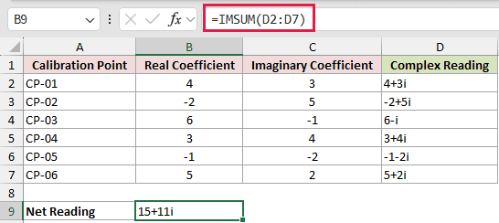 Build Values with COMPLEX, Then Total: formula in B9 and its calculated results in Excel.