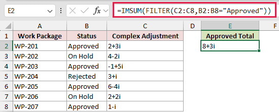 Sum Filtered Complex Values: formula in E2 and its calculated results in Excel.
