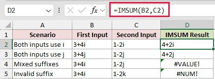 Handle Suffix and Input Errors: formula in D2 and its calculated results in Excel.