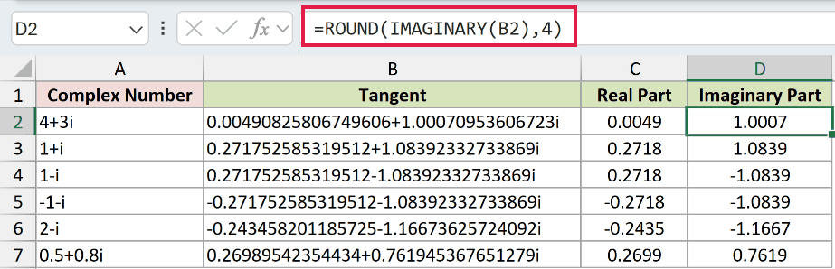 =ROUND(IMAGINARY(B2),4) in D2