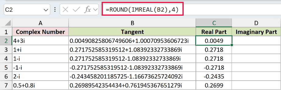 =ROUND(IMREAL(B2),4) in C2