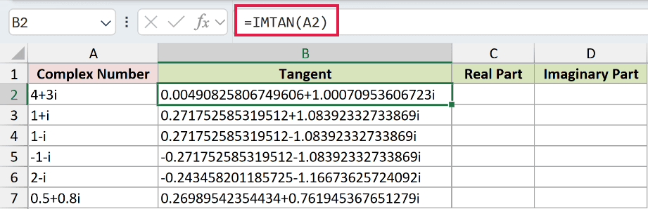 =IMTAN(A2) in B2