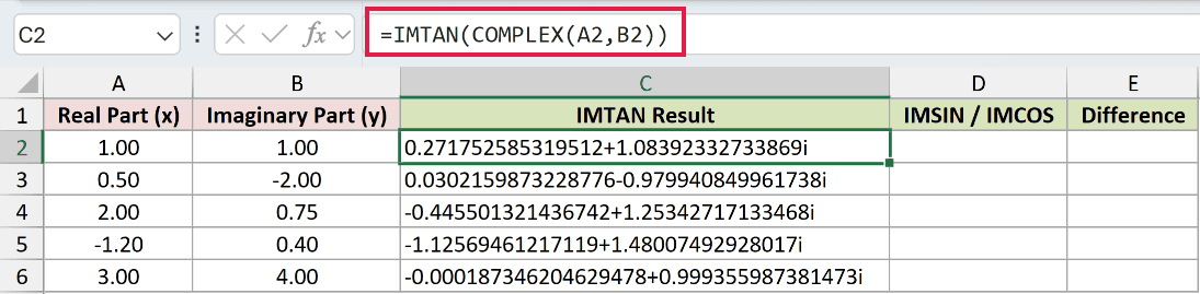 =IMTAN(COMPLEX(A2,B2)) in C2