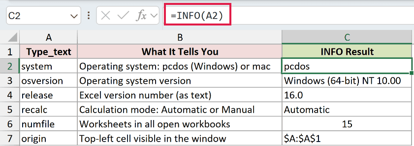 =INFO(A2) in C2