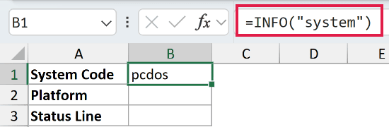 =INFO("system") in B1