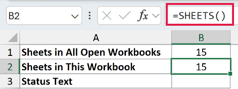 =SHEETS() in B2