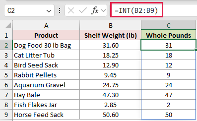 =INT(B2:B9) in C2