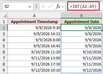 =INT(A2:A9) in B2