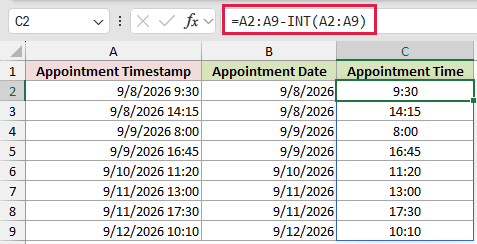 =A2:A9-INT(A2:A9) in C2