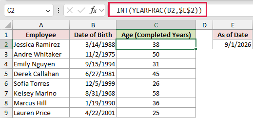 =INT(YEARFRAC(B2,$E$2)) in C2