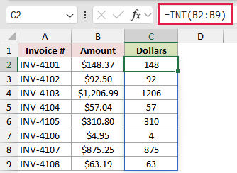=INT(B2:B9) in C2