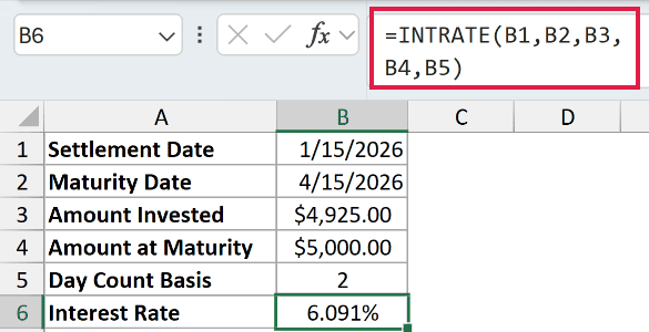 =INTRATE(B1,B2,B3,B4,B5) in B6