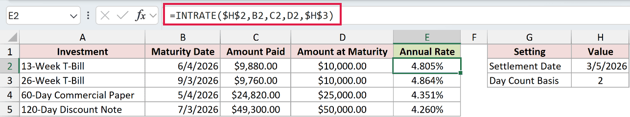 =INTRATE($H$2,B2,C2,D2,$H$3) in E2
