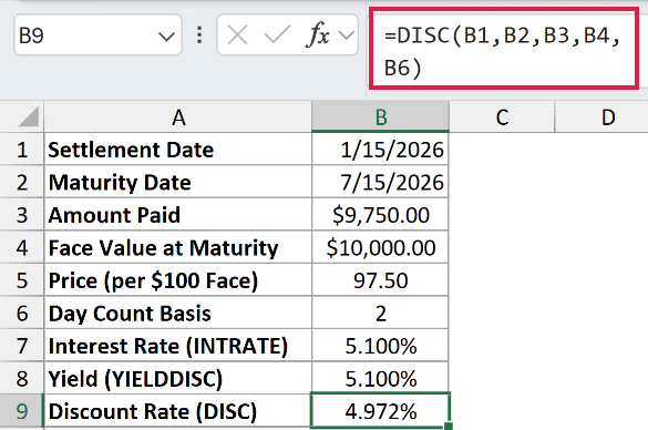 =DISC(B1,B2,B3,B4,B6) in B9